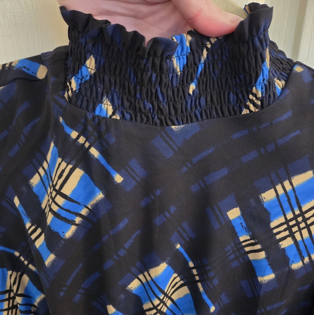 Nanette Lepore High Neck Smocked Scrunch Marina Patchwork Plaid Midi - Picture 3 of 10